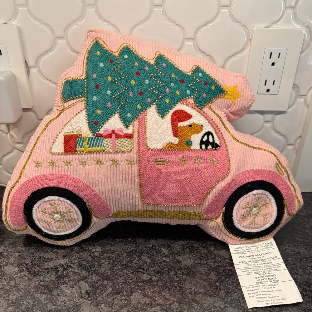 Pink Car Christmas Pillow - Holiday Dachshund Car Pillow Beaded Embroidered